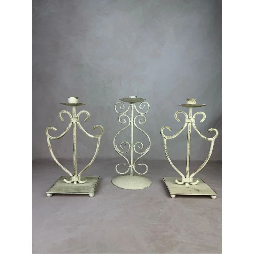 Vintage 90s Ivory Iron Candlestick Holders Scroll Cottagecore Shabby Chic Set of